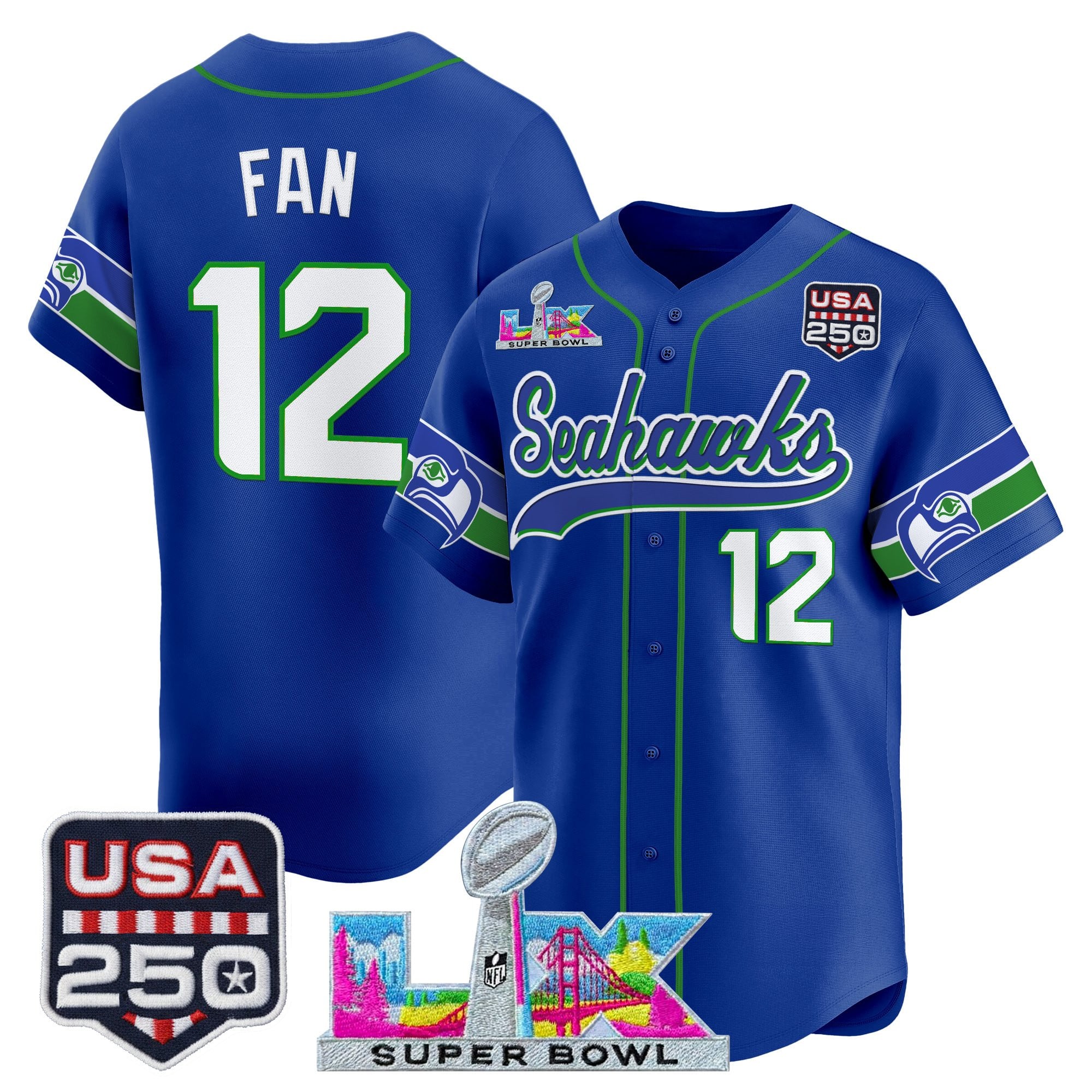 Seattle Seahawks 12th Fan Super Bowl LX & 250America Patch Vapor Baseball Jersey - All Stitched - Royal Throwback