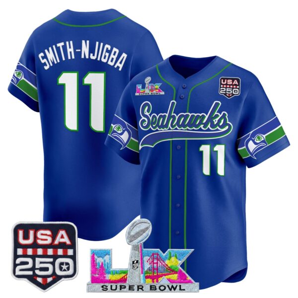 Seattle Seahawks Smith-Njigba Super Bowl LX & 250America Patch Vapor Baseball Jersey - All Stitched - Royal Throwback