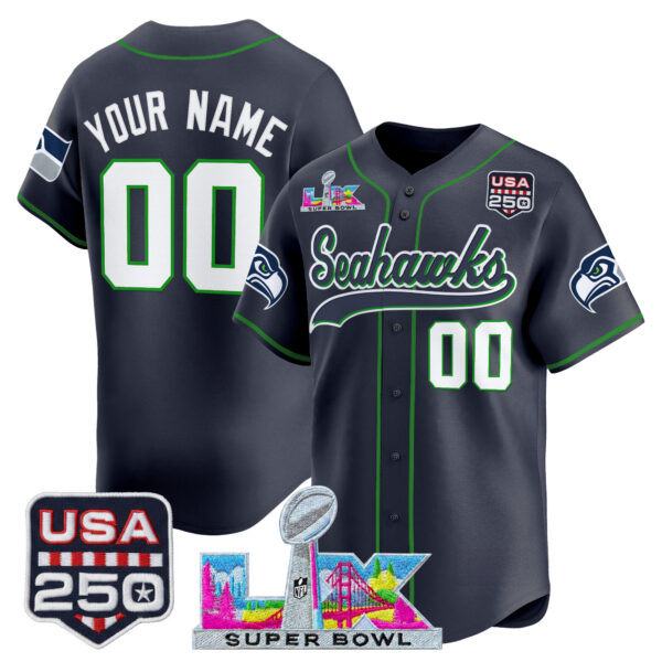 Seattle Seahawks Super Bowl LX & 250America Patch Vapor Baseball Custom Jersey - All Stitched - College Navy