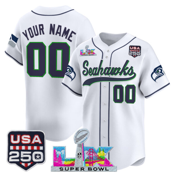 Seattle Seahawks Super Bowl LX & 250America Patch Vapor Baseball Custom Jersey - All Stitched - White