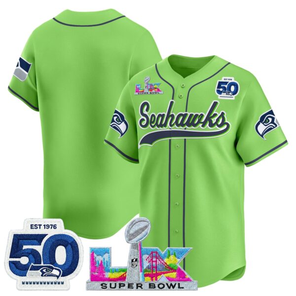 Seattle Seahawks Team Super Bowl LX Patch Vapor Baseball Jersey - All Stitched - Neon Green