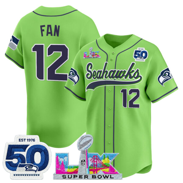 Seattle Seahawks 12th Fan Super Bowl LX Patch Vapor Baseball Jersey - All Stitched - Neon Green