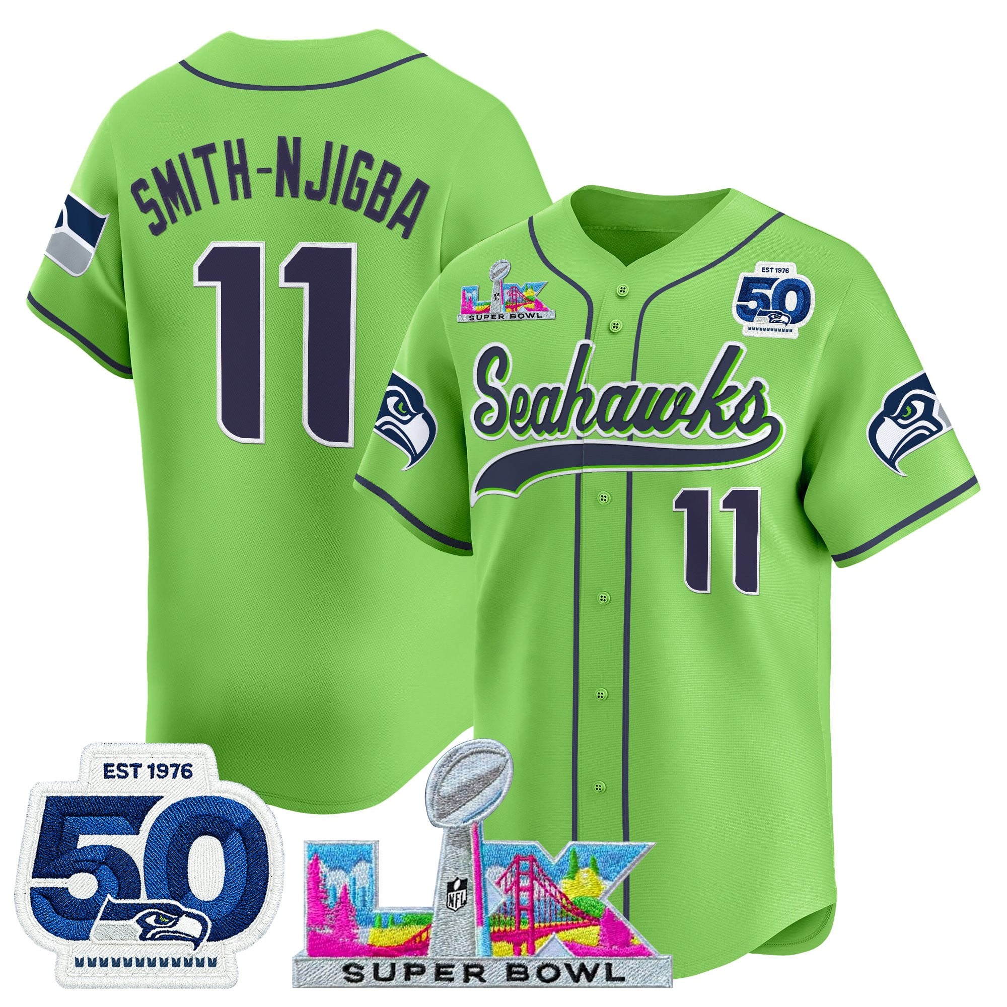 Seattle Seahawks Smith-Njigba Super Bowl LX Patch Vapor Baseball Jersey - All Stitched - Neon Green