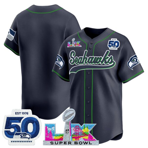 Seattle Seahawks Team Super Bowl LX Patch Vapor Baseball Jersey - All Stitched - College Navy