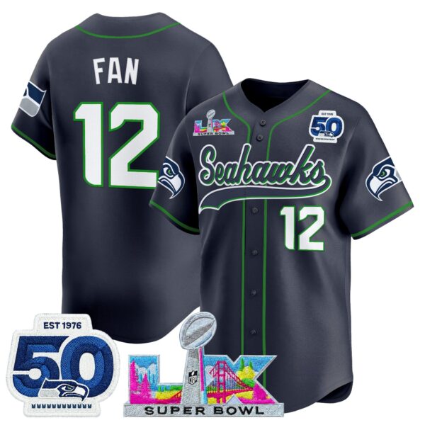 Seattle Seahawks 12th Fan Super Bowl LX Patch Vapor Baseball Jersey - All Stitched - College Navy