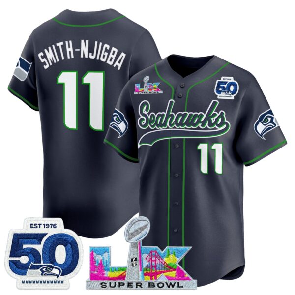 Seattle Seahawks Smith-Njigba Super Bowl LX Patch Vapor Baseball Jersey - All Stitched - College Navy