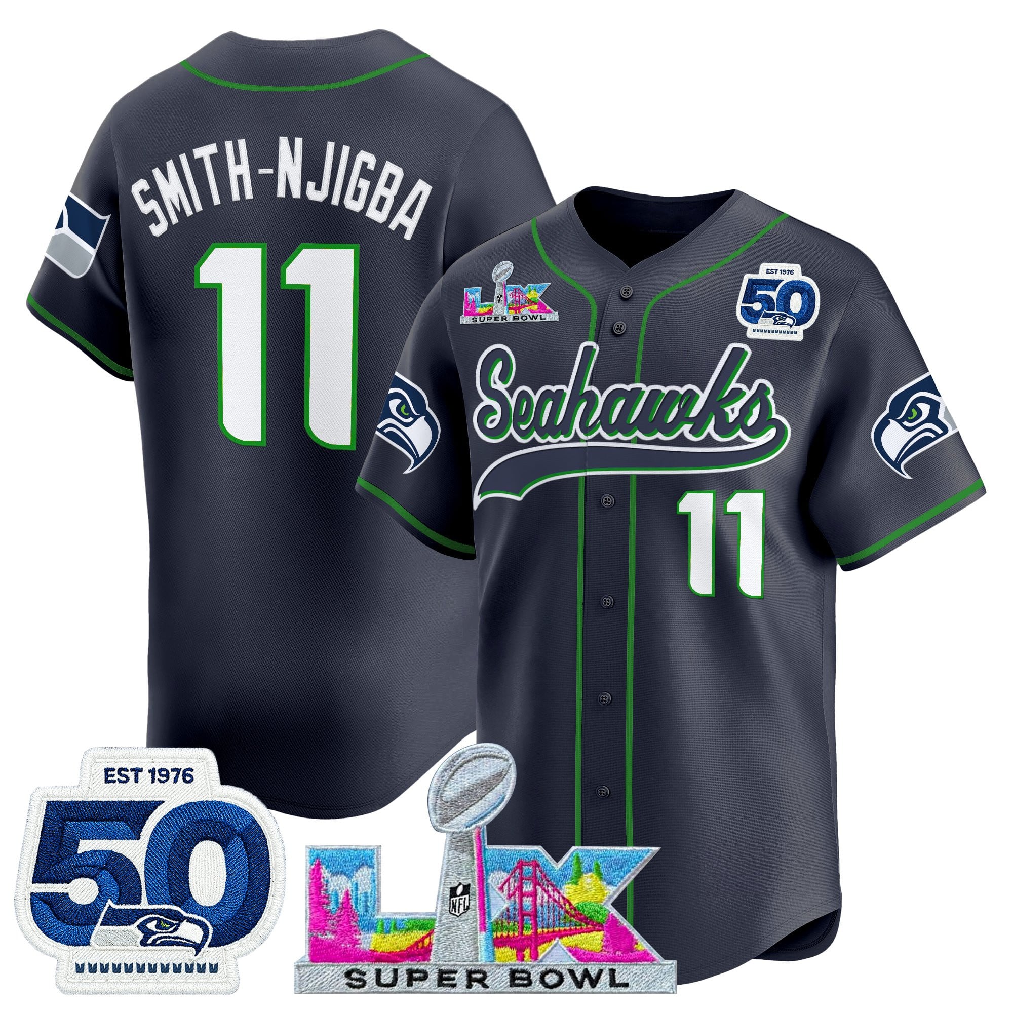 Seattle Seahawks Smith-Njigba Super Bowl LX Patch Vapor Baseball Jersey - All Stitched - College Navy