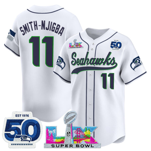 Seattle Seahawks Smith-Njigba Super Bowl LX Patch Vapor Baseball Jersey - All Stitched - White