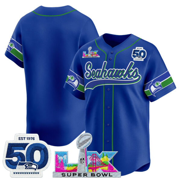 Seattle Seahawks Team Super Bowl LX Patch Vapor Baseball Jersey - All Stitched - Royal Throwback