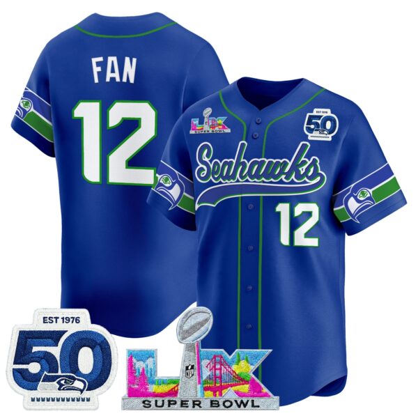 Seattle Seahawks 12th Fan Super Bowl LX Patch Vapor Baseball Jersey - All Stitched - Royal Throwback