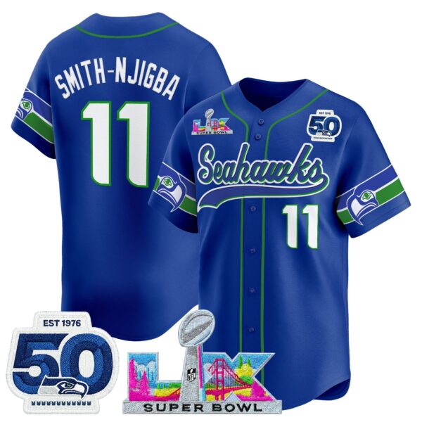 Seattle Seahawks Smith-Njigba Super Bowl LX Patch Vapor Baseball Jersey - All Stitched - Royal Throwback