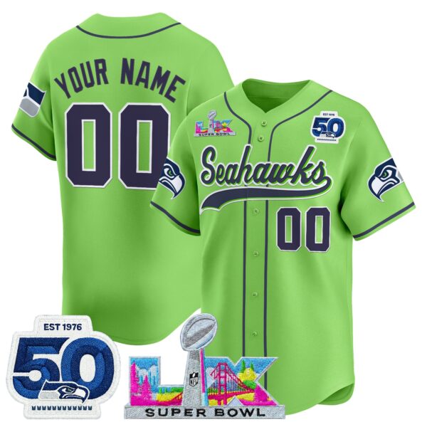 Seattle Seahawks Super Bowl LX Patch Vapor Baseball Custom Jersey - All Stitched - Neon Green