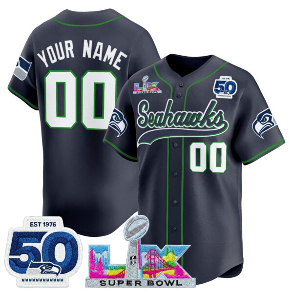 Seattle Seahawks Super Bowl LX Patch Vapor Baseball Custom Jersey - All Stitched - College Navy