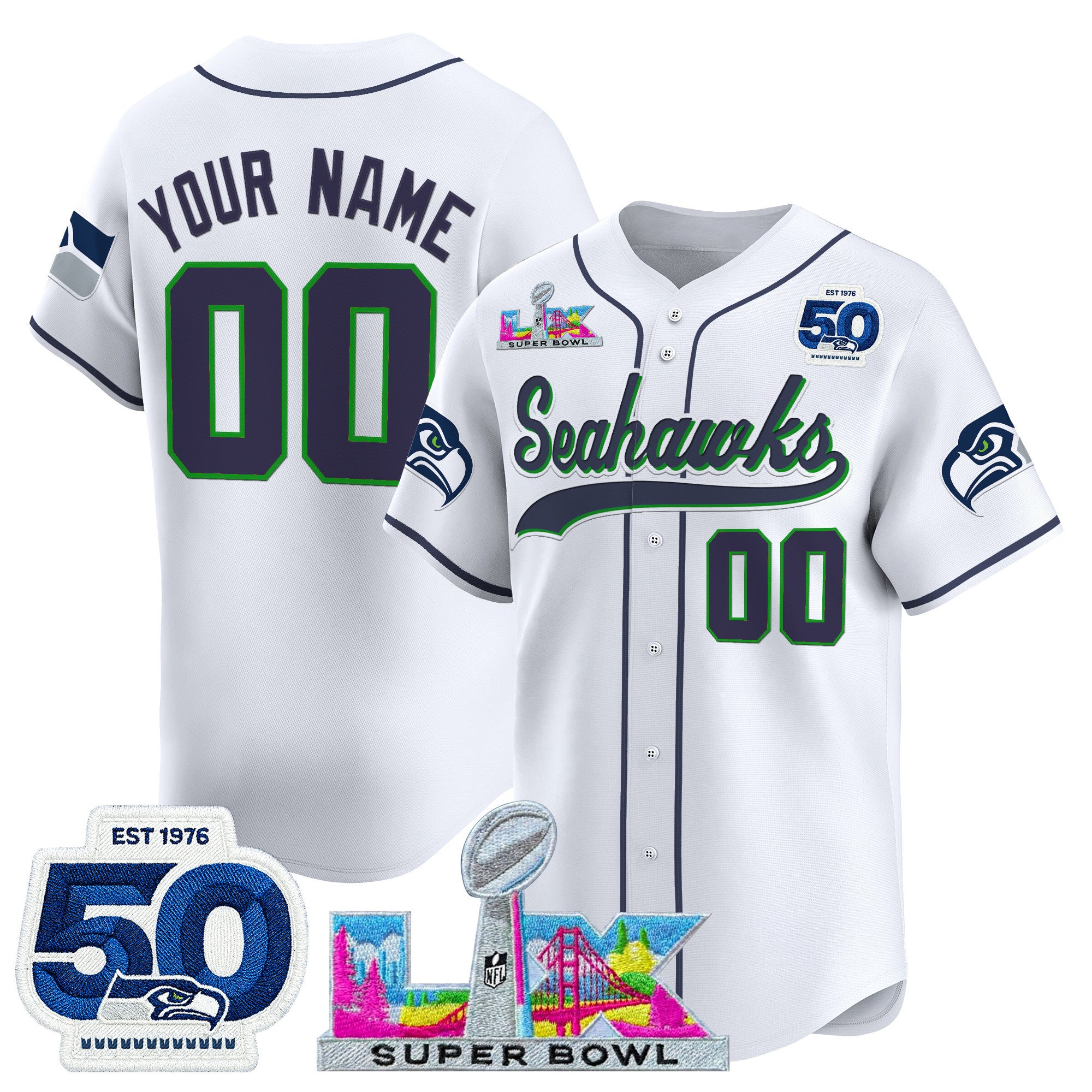 Seattle Seahawks Super Bowl LX Patch Vapor Baseball Custom Jersey - All Stitched - White
