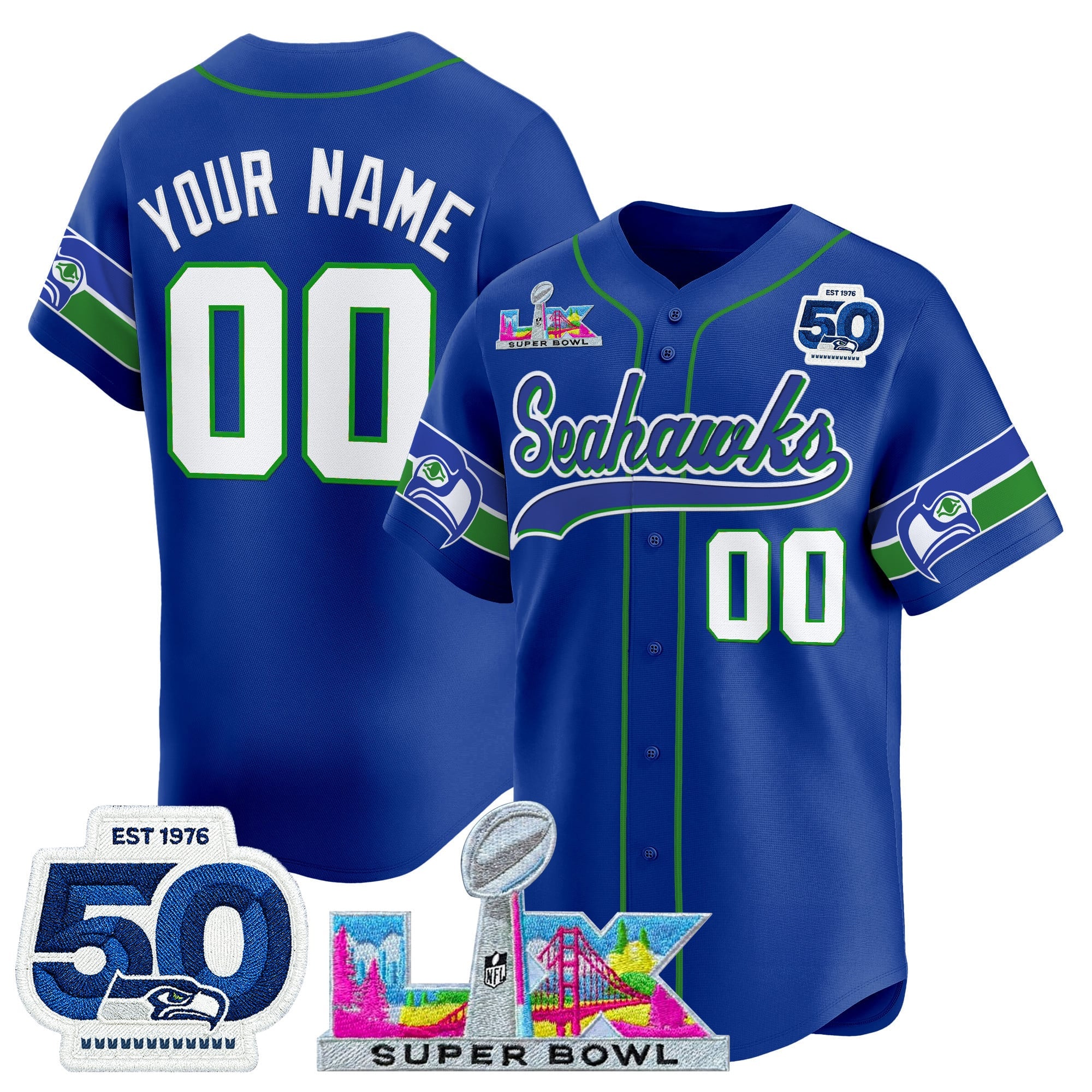 Seattle Seahawks Super Bowl LX Patch Vapor Baseball Custom Jersey - All Stitched - Royal Throwback