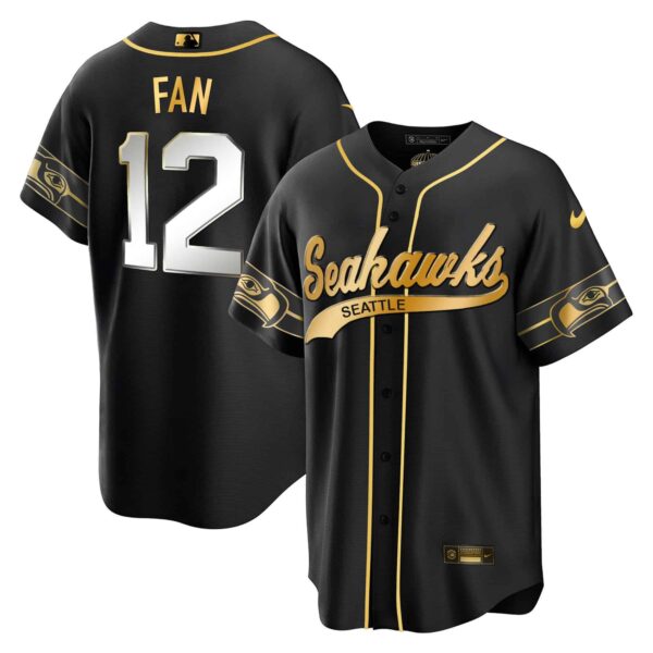 Men’s Seahawks Throwback & Gold Cool Base Jersey V2 – All Stitched – Black Limited – 12th Fan