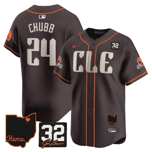 Men’s Browns #32 Jim Brown Memorial & Home Patch Vapor Premier Limited Jersey – All Stitched – Brown – Nick Chubb