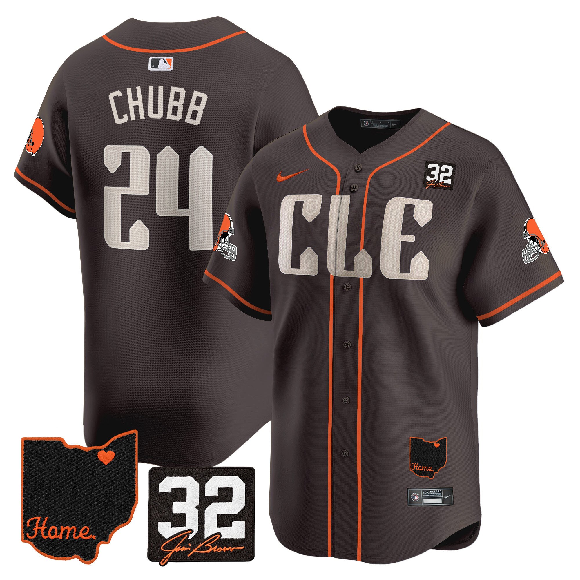Men’s Browns #32 Jim Brown Memorial & Home Patch Vapor Premier Limited Jersey – All Stitched – Brown – Nick Chubb