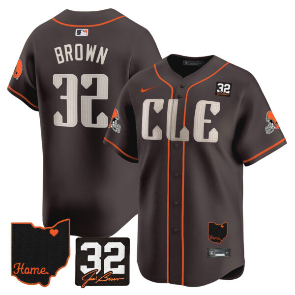 Men’s Browns #32 Jim Brown Memorial & Home Patch Vapor Premier Limited Jersey – All Stitched – Brown – Jim Brown