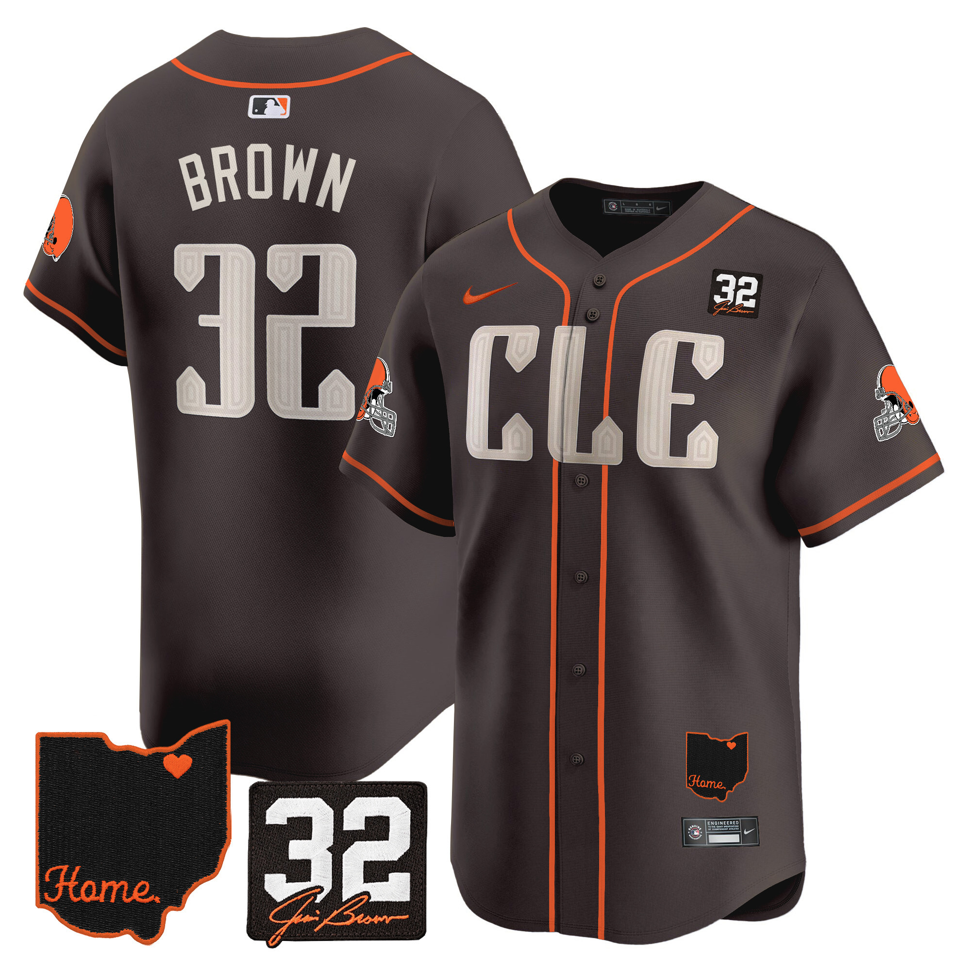 Men’s Browns #32 Jim Brown Memorial & Home Patch Vapor Premier Limited Jersey – All Stitched – Brown – Jim Brown