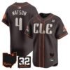 Men’s Browns #32 Jim Brown Memorial & Home Patch Vapor Premier Limited Jersey – All Stitched – Brown – Deshaun Watson