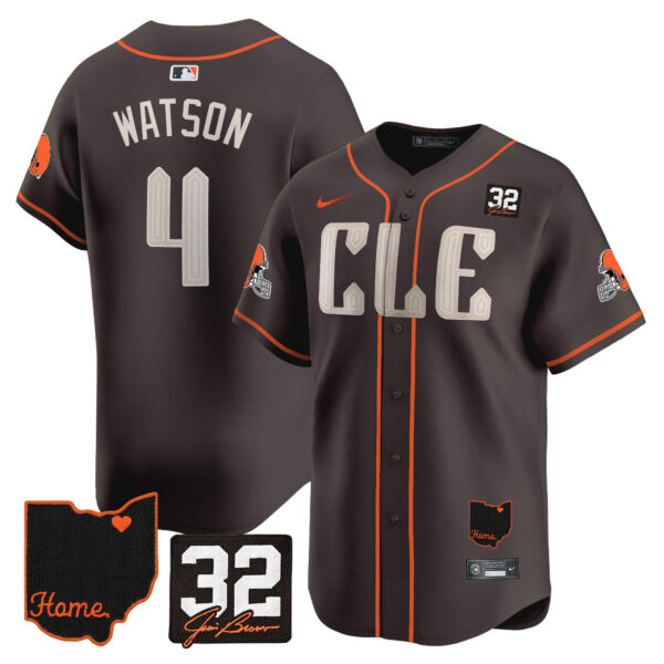 Men’s Browns #32 Jim Brown Memorial & Home Patch Vapor Premier Limited Jersey – All Stitched – Brown – Deshaun Watson