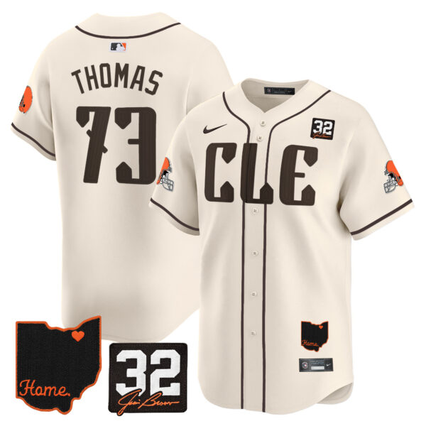 Men’s Browns #32 Jim Brown Memorial & Home Patch Vapor Premier Limited Jersey – All Stitched – Cream – Joe Thomas