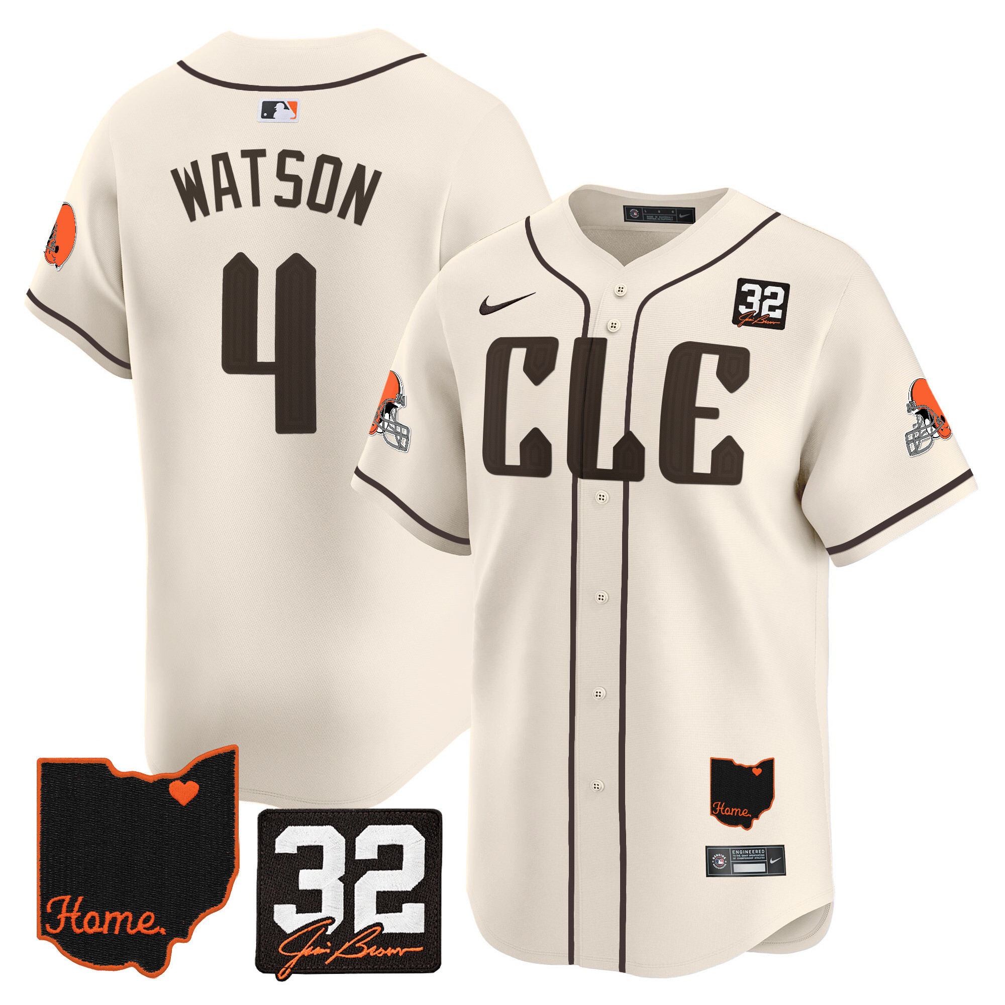 Men’s Browns #32 Jim Brown Memorial & Home Patch Vapor Premier Limited Jersey – All Stitched – Cream – Deshaun Watson