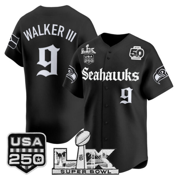 Men's Walker III Seattle Seahawks ??Super Bowl LX & 50th Patch? Vapor Baseball Jersey - Gothic Edition - All Stitched - Black