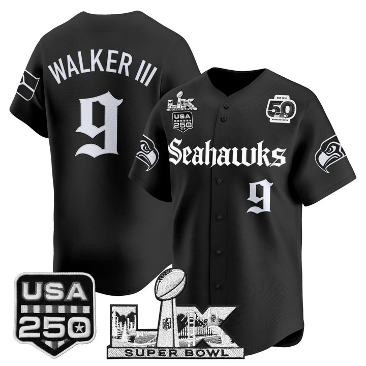 Men's Walker III Seattle Seahawks ??Super Bowl LX & 50th Patch? Vapor Baseball Jersey - Gothic Edition - All Stitched - Black