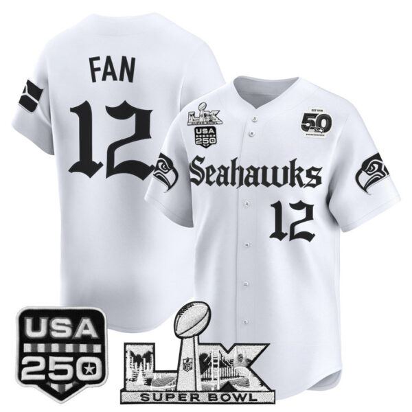 Men's 12th Fan Seattle Seahawks ??Super Bowl LX & 50th Patch? Vapor Baseball Jersey - Gothic Edition - All Stitched - White