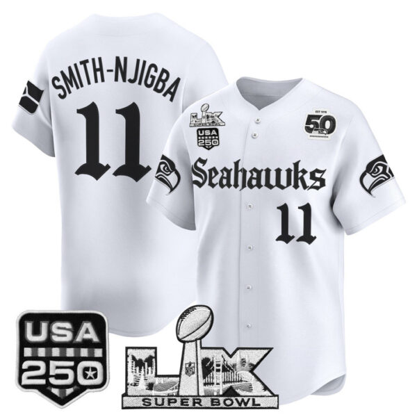 Men's Smith-Njigba Seattle Seahawks ??Super Bowl LX & 50th Patch? Vapor Baseball Jersey - Gothic Edition - All Stitched - White
