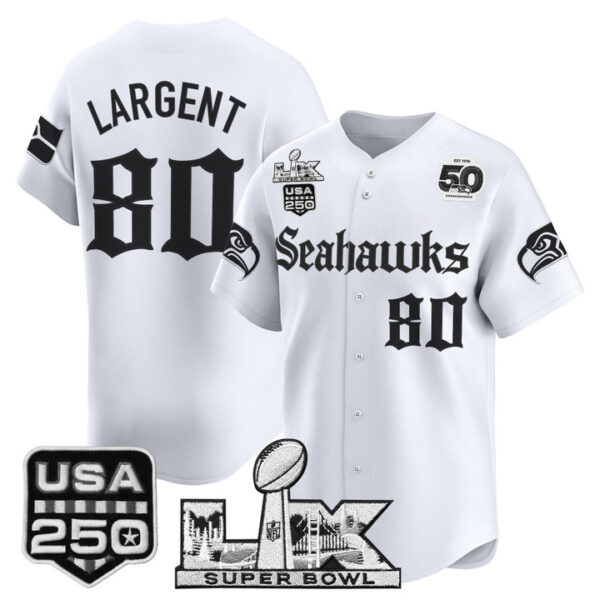 Men's Steve Largent Seattle Seahawks ??Super Bowl LX & 50th Patch? Vapor Baseball Jersey - Gothic Edition - All Stitched - White