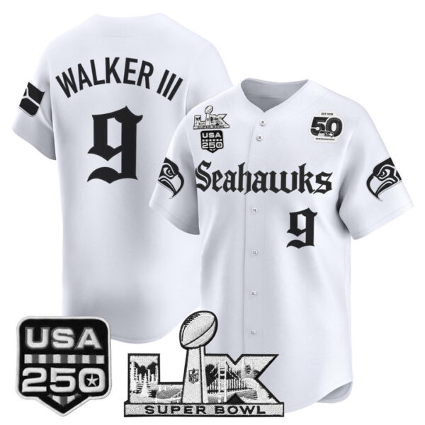 Men's Walker III Seattle Seahawks ??Super Bowl LX & 50th Patch? Vapor Baseball Jersey - Gothic Edition - All Stitched - White