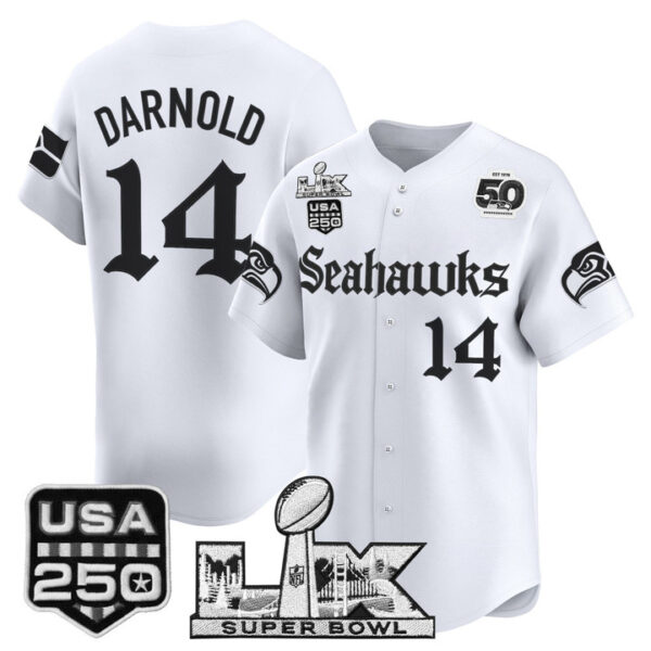 Men's Sam Darnold Seattle Seahawks ??Super Bowl LX & 50th Patch? Vapor Baseball Jersey - Gothic Edition - All Stitched - White