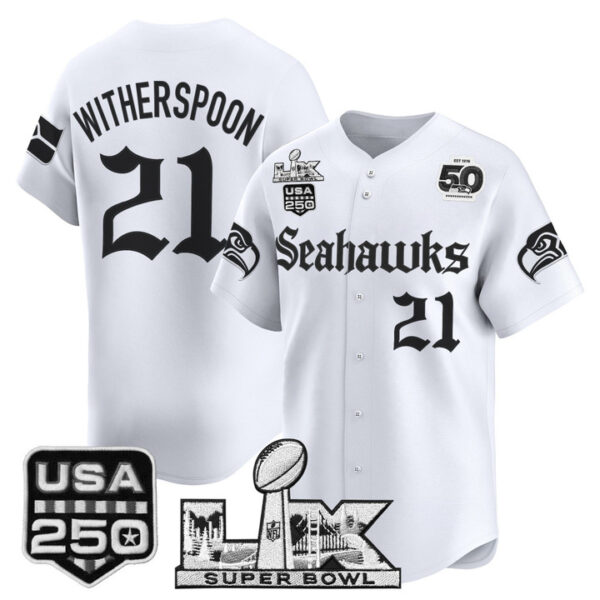 Men's Devon Witherspoon Seattle Seahawks ??Super Bowl LX & 50th Patch? Vapor Baseball Jersey - Gothic Edition - All Stitched - White
