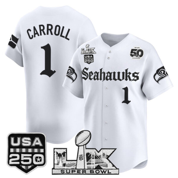 Men's Pete Carroll Seattle Seahawks ??Super Bowl LX & 50th Patch? Vapor Baseball Jersey - Gothic Edition - All Stitched - White