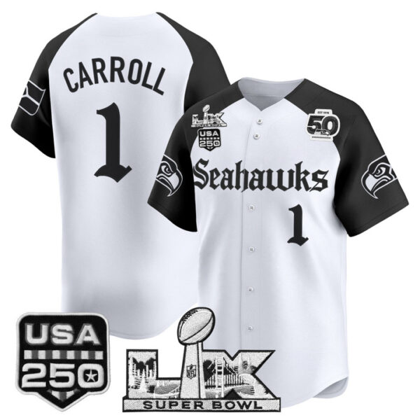 Men's Pete Carroll Seattle Seahawks ??Super Bowl LX & 50th Patch? Vapor Baseball Jersey - Gothic Edition - All Stitched - Alternate