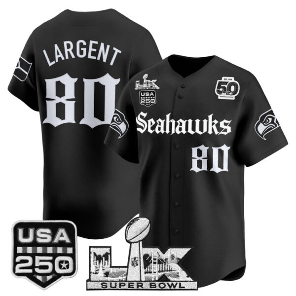 Men's Steve Largent Seattle Seahawks ??Super Bowl LX & 50th Patch? Vapor Baseball Jersey - Gothic Edition - All Stitched - Black