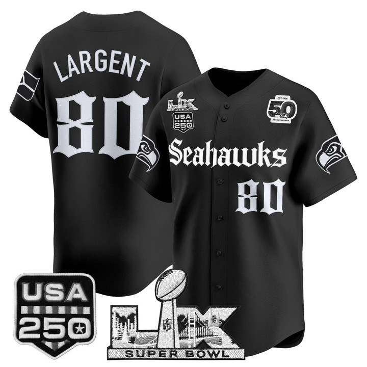 Men's Steve Largent Seattle Seahawks ??Super Bowl LX & 50th Patch? Vapor Baseball Jersey - Gothic Edition - All Stitched - Black