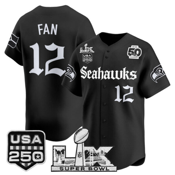 Men's 12th Fan Seattle Seahawks ??Super Bowl LX & 50th Patch? Vapor Baseball Jersey - Gothic Edition - All Stitched - Black
