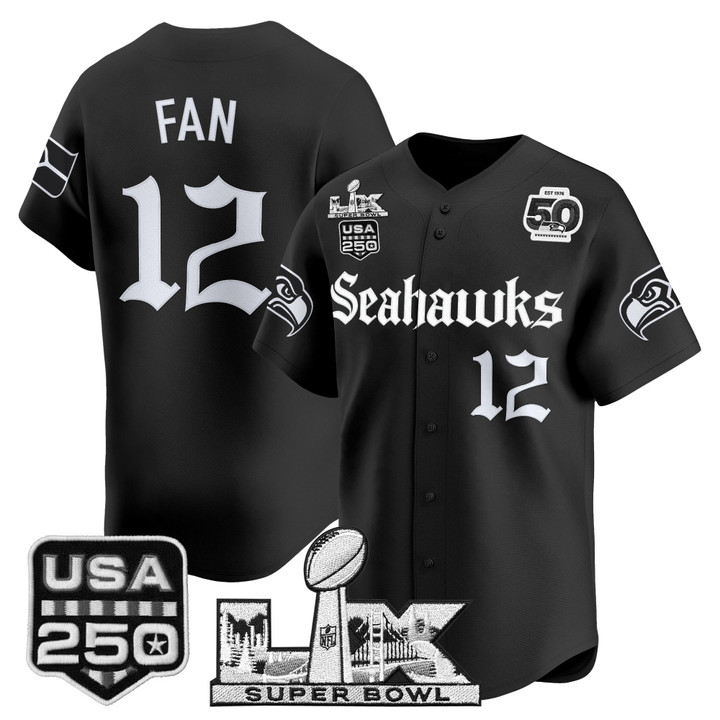 Men's 12th Fan Seattle Seahawks ??Super Bowl LX & 50th Patch? Vapor Baseball Jersey - Gothic Edition - All Stitched - Black