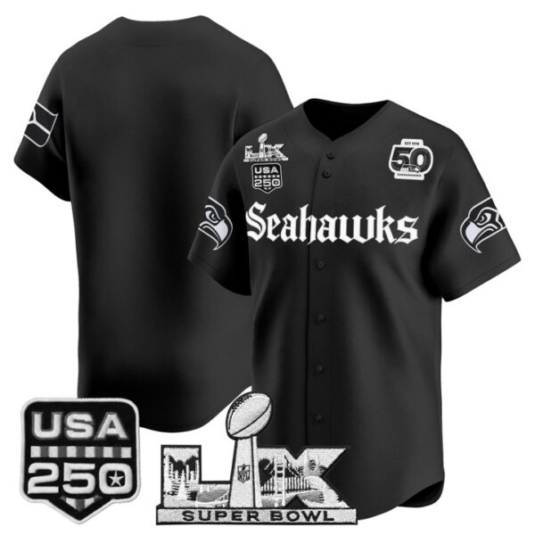Men's Team Seattle Seahawks ??Super Bowl LX & 50th Patch? Vapor Baseball Jersey - Gothic Edition - All Stitched - Black