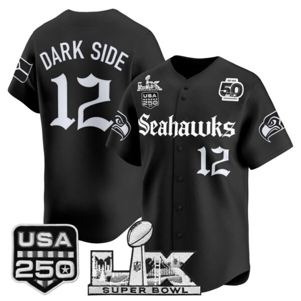 Men's #12 DARK SIDE Seattle Seahawks ??Super Bowl LX & 50th Patch? Vapor Baseball Jersey - Gothic Edition - All Stitched - Black