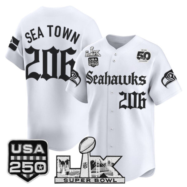 Men's Sea Town 206 Seattle Seahawks ??Super Bowl LX & 50th Patch? Vapor Baseball Jersey - Gothic Edition - All Stitched - White