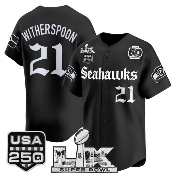 Men's Devon Witherspoon Seattle Seahawks ??Super Bowl LX & 50th Patch? Vapor Baseball Jersey - Gothic Edition - All Stitched - Black