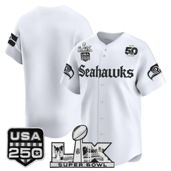 Men's Team Seattle Seahawks ??Super Bowl LX & 50th Patch? Vapor Baseball Jersey - Gothic Edition - All Stitched - White