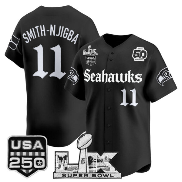 Men's Smith-Njigba Seattle Seahawks ??Super Bowl LX & 50th Patch? Vapor Baseball Jersey - Gothic Edition - All Stitched - Black