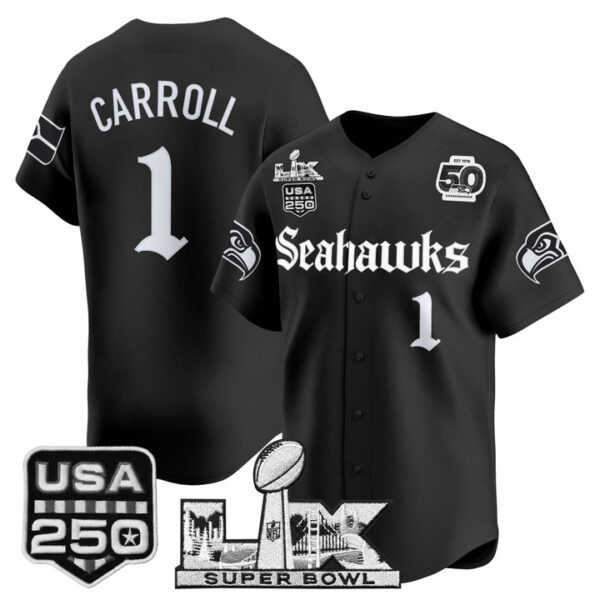 Men's Pete Carroll Seattle Seahawks ??Super Bowl LX & 50th Patch? Vapor Baseball Jersey - Gothic Edition - All Stitched - Black