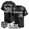 Men's Sea Town 206 Seattle Seahawks ??Super Bowl LX & 50th Patch? Vapor Baseball Jersey - Gothic Edition - All Stitched - Black